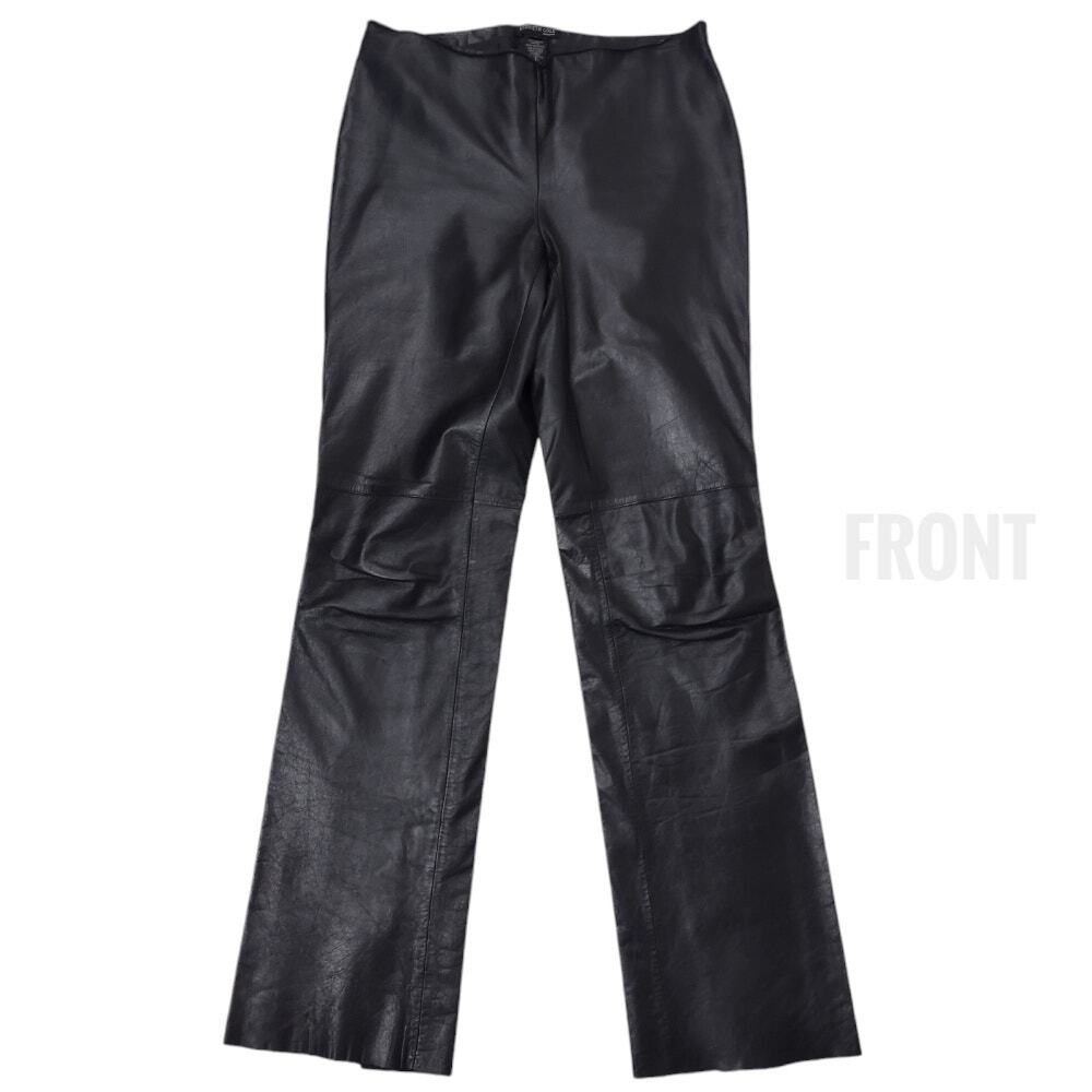 KENNETH COLE Black Leather Pants Size 4 Simple Clean Back Hem Slits Moto Biker